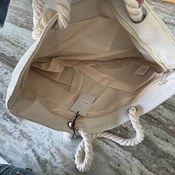 NEW Beige Bamboo Woven Semicircle Tote Handbag - Picture 7 of 12